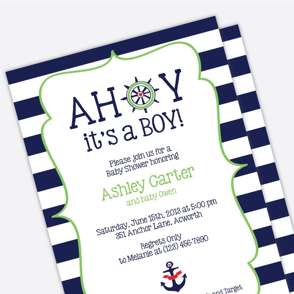 Preppy Nautical Baby Shower Invitation - Ahoy It's a Boy Baby Shower Invites - Printed Invitations