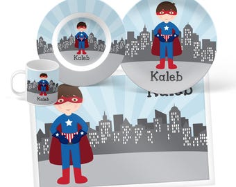 Personalized Superhero Boy Mealtime Set - Custom Dinnerware for Kids - Children’s Plate, Bowl, Mug or Placemat - Gifts for Kids