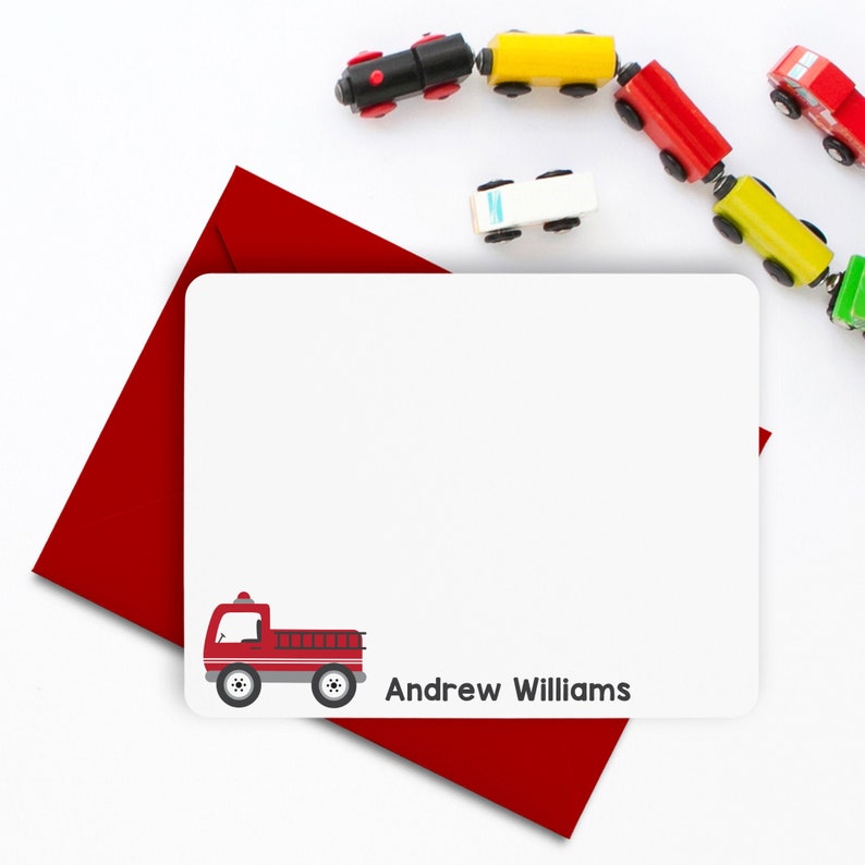 Fire Truck Stationery, Fire Truck Note Cards, Personalized Flat Note Cards, Firetruck Notecards, Kids Stationery, Kids Thank You Cards image 1