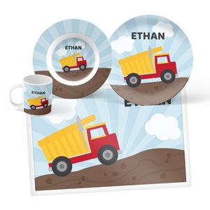 Dump Truck Plate, Bowl, Mug or Placemat - Dump Truck Dinnerware - Personalized Plastic Plate for Kids - Custom Plastic Tableware