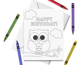 PRINTABLE Happy Birthday Coloring Card, Owl Birthday Card, Birthday Card for Kids, Birthday Color Your Own Card, DIY Print & Color