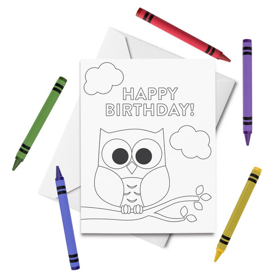 printable happy birthday coloring card owl birthday card etsy