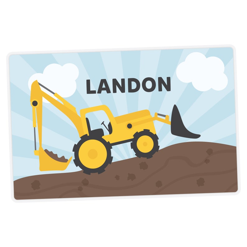 Construction Backhoe Placemat, Personalized Placemat for Boy, Construction Digger Placemat, Laminated Custom Placemat for Kids image 1
