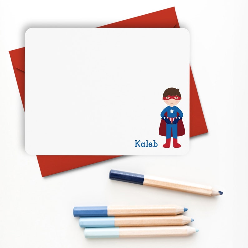 Superhero Stationery, Superhero Boy Note Cards, Personalized Flat Note Cards, Superhero Kids Notecards, Thank You Card, Children Stationery image 1