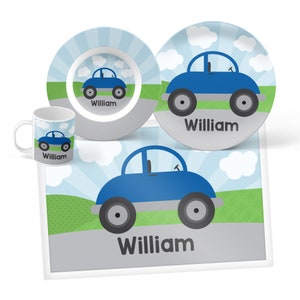 Personalized Car Dinnerware Set: Kids Plastic Plate, Bowl, Mug or Placemat