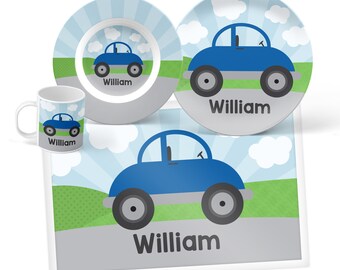 Car Plate, Bowl, Mug or Placemat - Car Dinnerware Set for Boys - Personalized Plate for Kids - Custom Kids Plastic Tableware