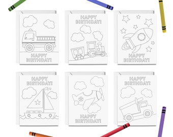 PRINTABLE Happy Birthday Coloring Cards, 6 Birthday Cards for Kids, Transportation Greeting Card Set, DIY Print & Color