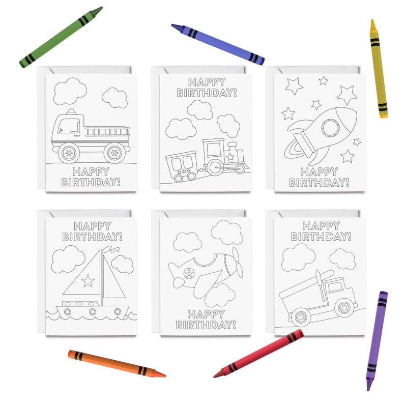 PRINTABLE Happy Birthday Coloring Cards, 6 Birthday Cards for Kids, Transportation Greeting Card Set, DIY Print & Color image 1