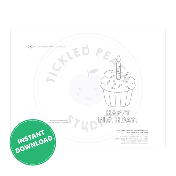 printable happy birthday coloring card cupcake birthday card etsy