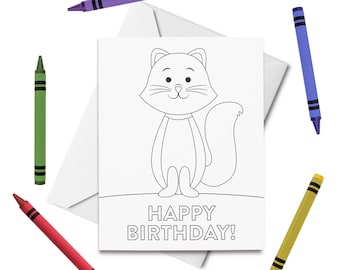 PRINTABLE Happy Birthday Coloring Card, Cat Birthday Card, Birthday Card for Kids, Birthday Color Your Own Card, DIY Print & Color