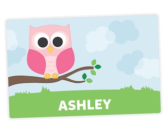 Owl Placemat, Owl Personalized Placemat for Girl, Name Placemat, Custom Kids Placemat, Laminated Activity Place Mat, Double-Sided Table Mat
