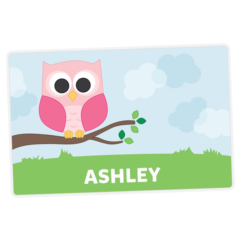 Owl Placemat, Owl Personalized Placemat for Girl, Name Placemat, Custom Kids Placemat, Laminated Activity Place Mat, Double-Sided Table Mat image 1
