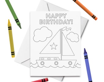 PRINTABLE Happy Birthday Coloring Card, Sailboat Birthday Card, Birthday Card for Kids, Birthday Color Your Own Card, DIY Print & Color