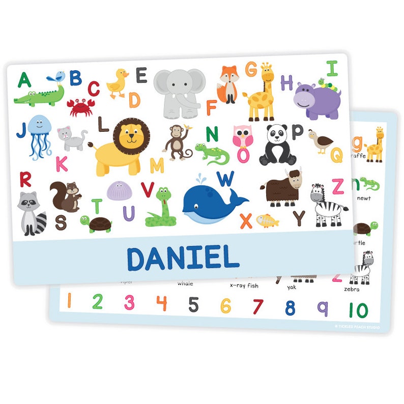 Personalized Animal Alphabet Placemat for Boy Personalized Kids Placemat Childrens Placemat Laminated Educational Placemat image 1