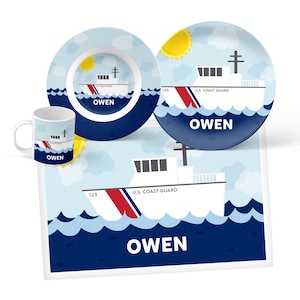 Personalized Coast Guard Boat Dinnerware: Kids Plate, Bowl, Mug, or Placemat