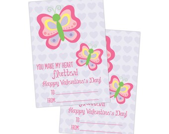 PRINTABLE Valentine for Kids, Butterfly Classroom Valentine, Valentines Day Card for School, You Make My Heart Flutter!