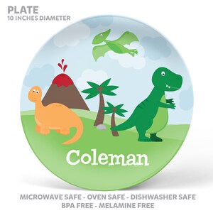 Dinosaur Plate, Bowl, Mug or Placemat Personalized Dinosaur Dinnerware Personalized Plate for Kids Custom Plastic Tableware image 2