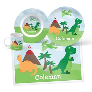 Dinosaur Plate, Bowl, Mug or Placemat (Choose Your Pieces), Personalized Dinnerware for Kids, Children&#39;s Plastic Plate and Bowl, Kids Dishes