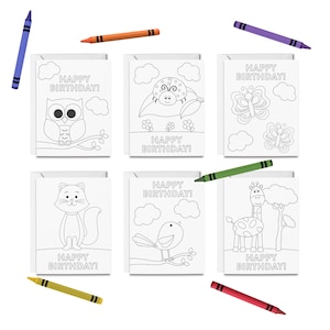 Biglietti da colorare di buon compleanno STAMPABILI, 6 biglietti di compleanno per bambini, set di biglietti di auguri per animali, stampa e colore fai da te