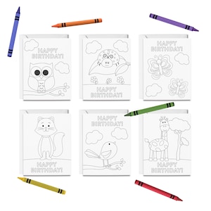 PRINTABLE Happy Birthday Coloring Cards, 6 Birthday Cards for Kids, Animal Greeting Card Set, DIY Print & Color image 1