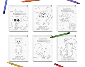 PRINTABLE Happy Birthday Coloring Cards, 6 Birthday Cards for Kids, Animal Greeting Card Set, DIY Print & Color