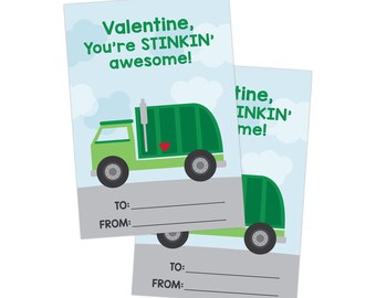 PRINTABLE Valentine for Kids, Garbage Truck Classroom Valentine, Valentines Day Card for School, Valentine You're STINKIN' Awesome!