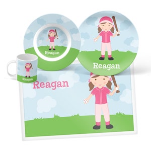 Softball Girl Plate, Bowl, Mug or Placemat (Choose Your Pieces), Personalized Dinnerware for Kids, Children&#39;s Plastic Plate and Bowl