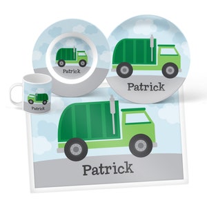 Personalized Garbage Truck Dinnerware Set: Kids Plate, Bowl, Mug