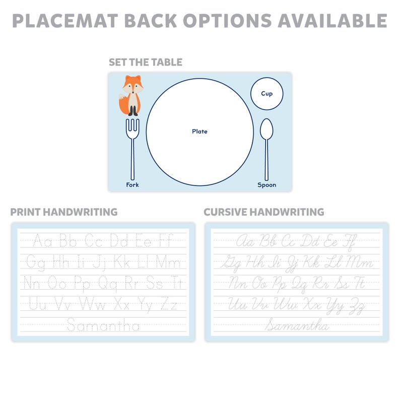 Laminated Activity Placemat Kids Double-Sided Placemat Fox Personalized Placemat for Kids Custom Placemat Name Placemat Fox Placemat