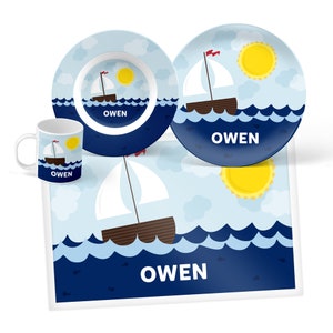 Personalized Sailboat Dinnerware Set: Kids Plastic Plate, Bowl, Mug