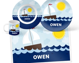 Sailboat Plate, Bowl, Mug or Placemat - Personalized Plastic Kids Dinnerware Set - Personalized Boat Plate for Kids - Children Plate