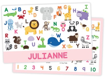 Personalized Animal Alphabet Placemat for Girl - Personalized Kids Placemat - Childrens Placemat - Laminated - Educational Placemat