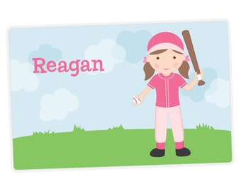 Softball Girl Placemat, Softball Girl Personalized Placemat for Girl, Name Placemat, Double-Sided Custom Kids Placemat, Laminated Placemat