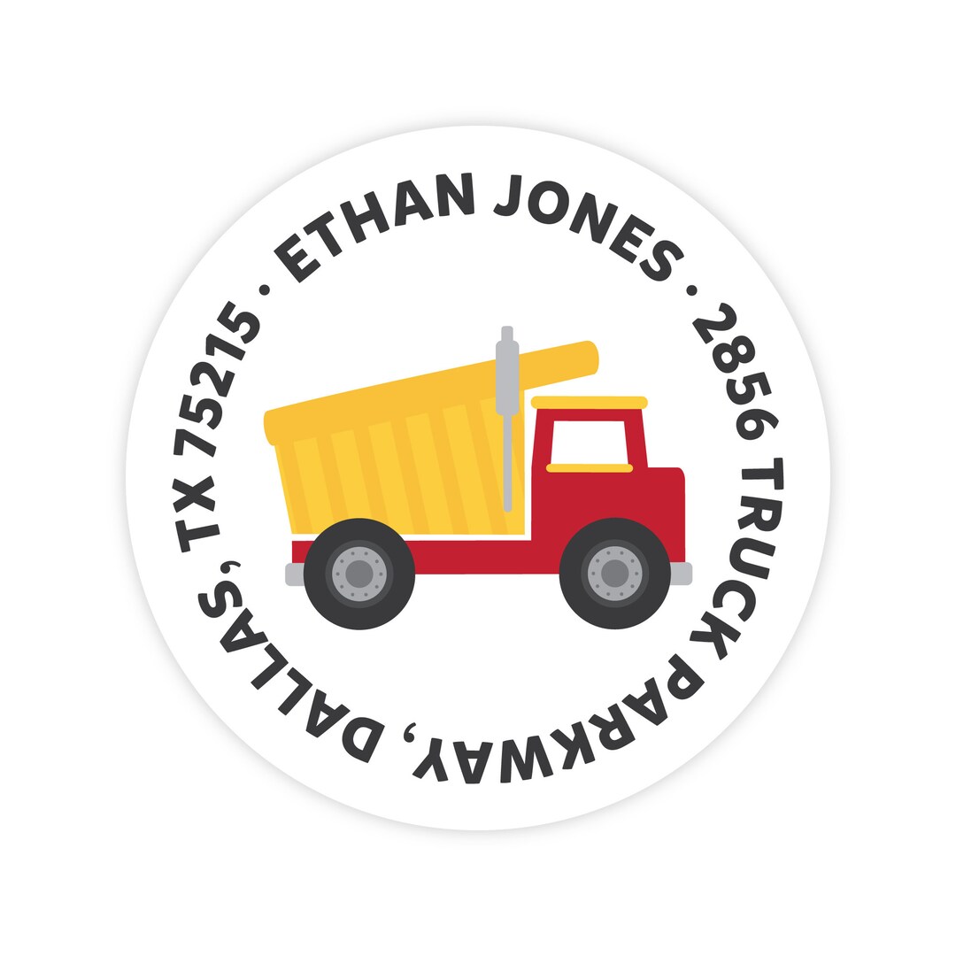 Dump Truck Address Labels, Personalized Kids Address Labels, Round