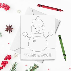 Tarjeta para colorear de agradecimiento de muñeco de nieve IMPRIMIBLE, tarjeta de Navidad, tarjeta de felicitación navideña para niños, colorea tu propia tarjeta, impresión DIY y color