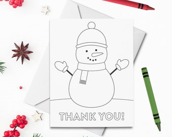 PRINTABLE Snowman Thank You Coloring Card, Christmas Card, Holiday Greeting Card for Kids, Color Your Own Card, DIY Print & Color