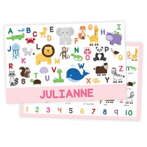 Personalized Animal Alphabet Placemat - Kids Double-Sided Laminated Placemat - ABC Learning Activity Mat