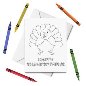Cartão para colorir de feliz dia de ação de graças para impressão, cartão de peru de ação de graças, cartão de felicitações de feriado para crianças, pinte seu próprio cartão, impressão e cor DIY