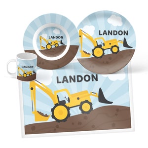 Construction Plate, Bowl, Mug or Placemat - Personalized Construction Dinnerware Set - Personalized Plate for Kids - Children Plates