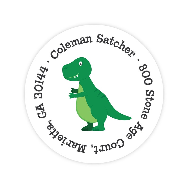 Dinosaur T-Rex Address Labels, Personalized Return Address Labels, Kids Mailing Label, Dinosaur Sticker, Round Address Labels for Kids image 1