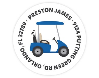 Golf Cart Address Labels, Personalized Return Address Labels, Kids Mailing Label, Golf Cart Sticker, Round Return Address Label for Kids
