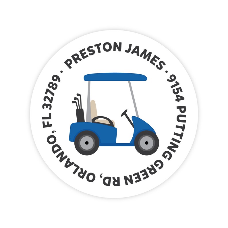 Golf Cart Address Labels, Personalized Return Address Labels, Kids Mailing Label, Golf Cart Sticker, Round Return Address Label for Kids image 1