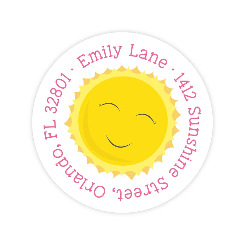 Sunshine Address Labels, Personalized Return Address Labels, Kids Mailing Label, Sunshine Sticker, Round Address Labels for Kids image 1