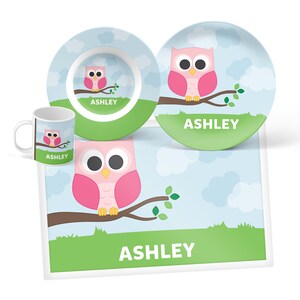 Owl Plate, Bowl, Mug or Placemat (Choose Your Pieces), Personalized Dinnerware for Kids, Children&#39;s Plastic Plate and Bowl, Kids Dishes