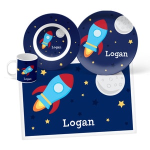 Spaceship Plate, Bowl, Mug or Placemat Spaceship Dinnerware Set Personalized Plastic Plate for Kids Children Plates Tableware image 1