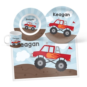 Personalized Monster Truck Dinnerware Set: Kids Plastic Plate, Bowl, Mug & Placemat