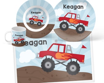 Monster Truck Plate, Bowl, Mug or Placemat - Monster Truck Dinnerware - Personalized Plastic Plate for Kids - Custom Plastic Tableware