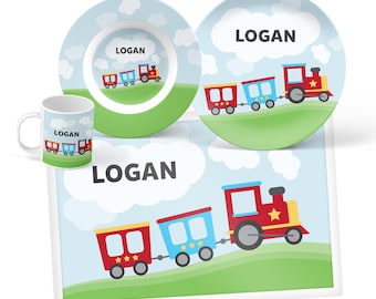 Personalized Train Mealtime Set - Custom Kids Dinnerware - Children’s Plate, Bowl, Mug or Placemat - Gifts for Kids
