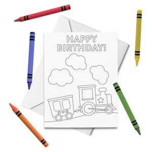 Tarjeta para colorear de feliz cumpleaños para imprimir, tarjeta de cumpleaños con tren, tarjeta de cumpleaños para niños, tarjeta para colorear de cumpleaños, tarjeta para imprimir y colorear por ti mismo
