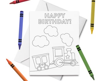 PRINTABLE Happy Birthday Coloring Card, Train Birthday Card, Birthday Card for Kids, Birthday Color Your Own Card, DIY Print & Color